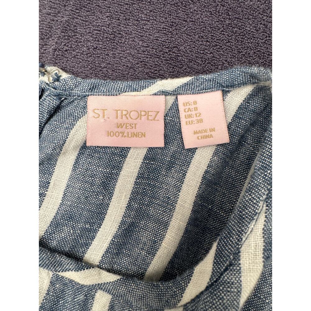 St. Tropez West 100% Linen Blue White Striped Shift Dress Size 8 Coastal Summer - Picture 4 of 6
